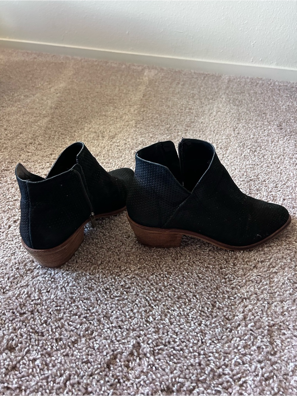 Vince Camuto Black Suede Perforated Ankle Booties with Low Wooden Heel - Picture 2 of 6